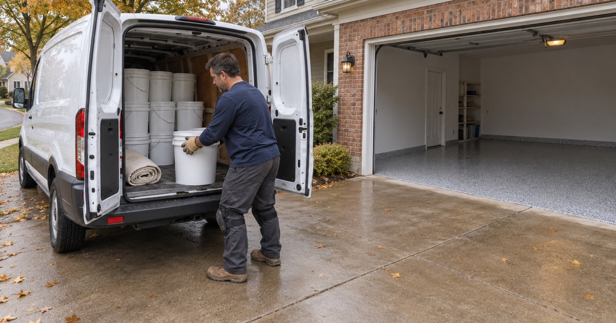 A crew member loading plain material pails into a work van outside a Crystal Lake garage job.
