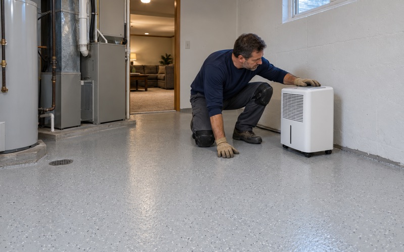 A dehumidifier rolled back into place on a new light gray epoxy basement floor in a Crystal Lake home.