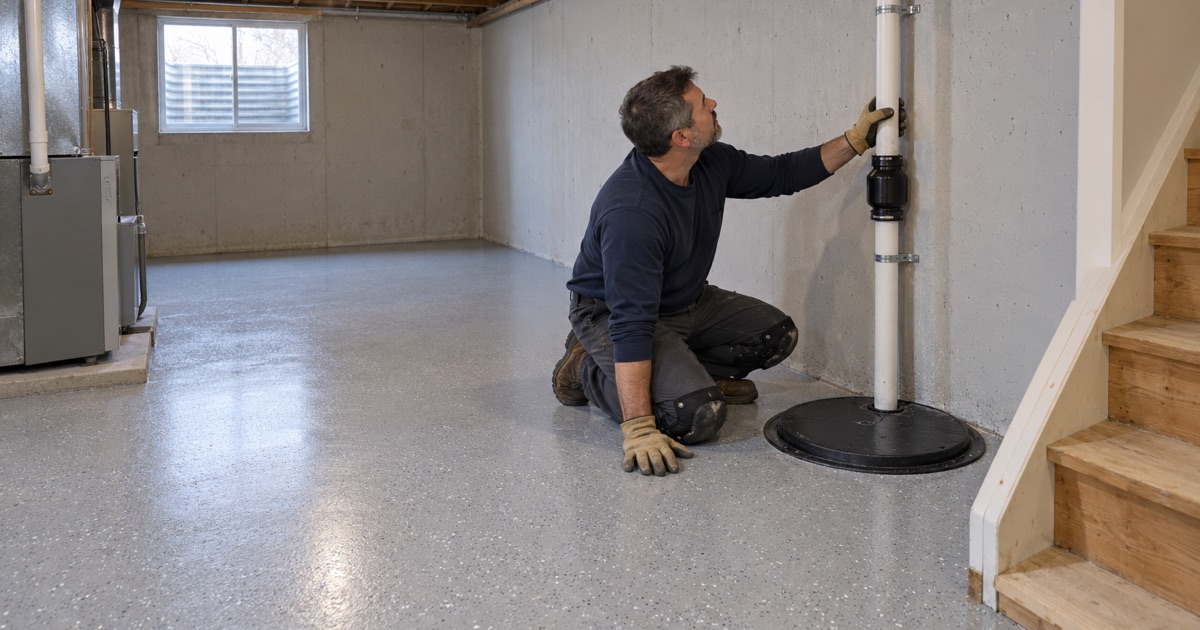 A sump basin in the coated gray basement floor of a Crystal Lake house, its discharge pipe checked above the valve.