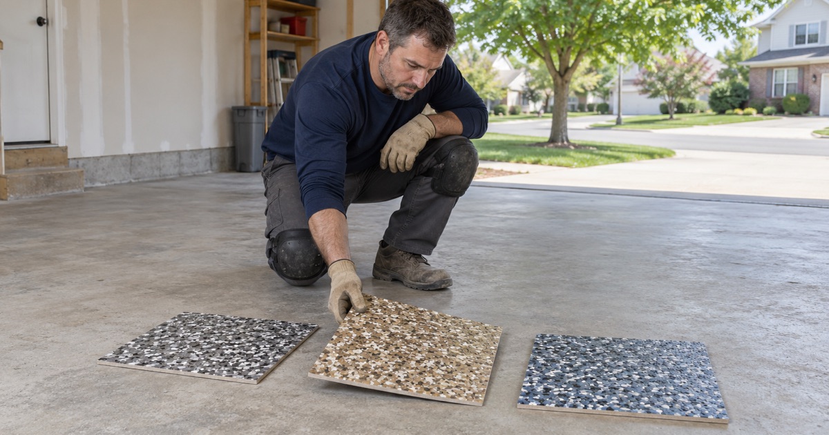 Three flake sample boards laid on a ground garage slab in Crystal Lake so a homeowner can compare blends in daylight.