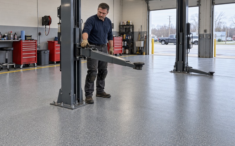 A lift arm swung under a coated service bay floor in a Crystal Lake auto repair shop.