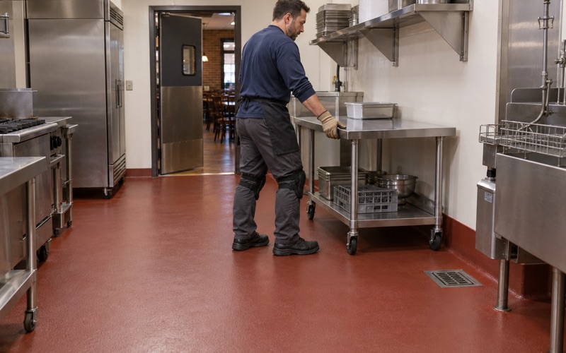A stainless prep table rolled back onto a coved urethane cement floor in a Crystal Lake restaurant kitchen.