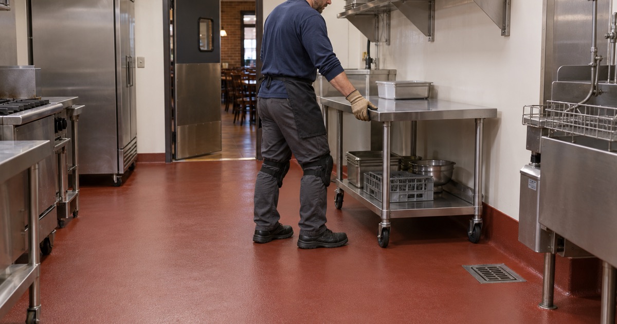A stainless prep table rolled back onto a coved urethane cement floor in a Crystal Lake restaurant kitchen.
