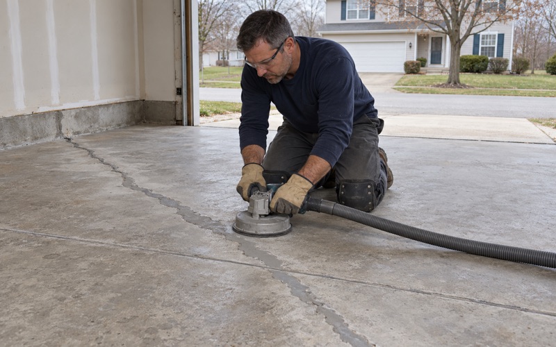 A repaired crack ground flush across a bare garage slab in Crystal Lake before any coating goes down.