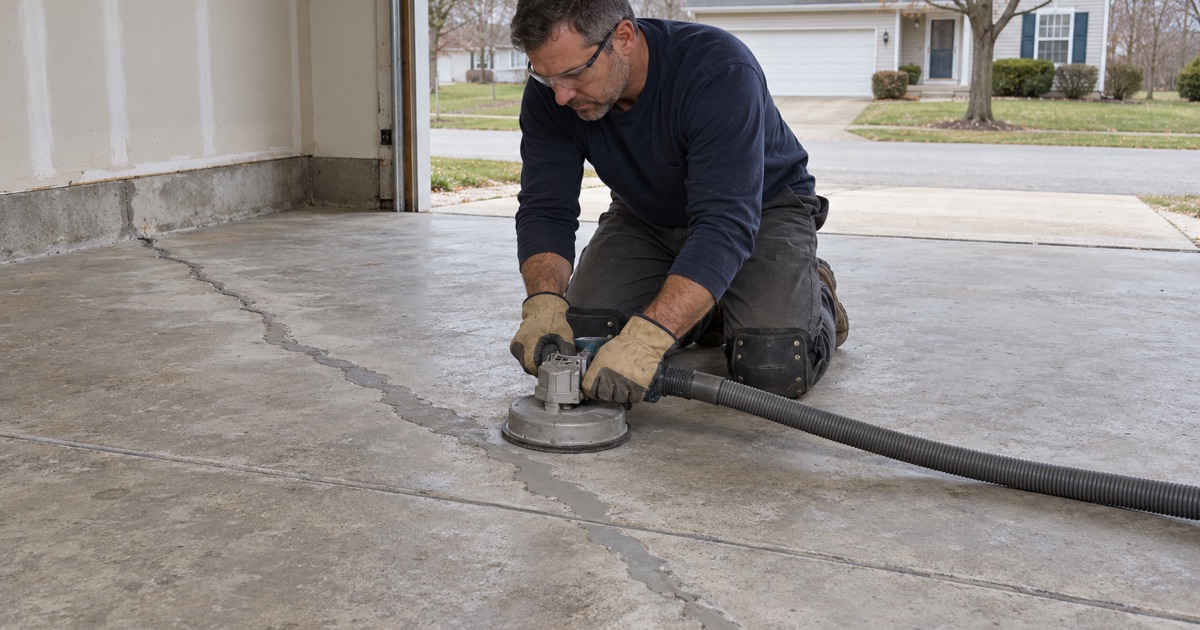 A repaired crack ground flush across a bare garage slab in Crystal Lake before any coating goes down.