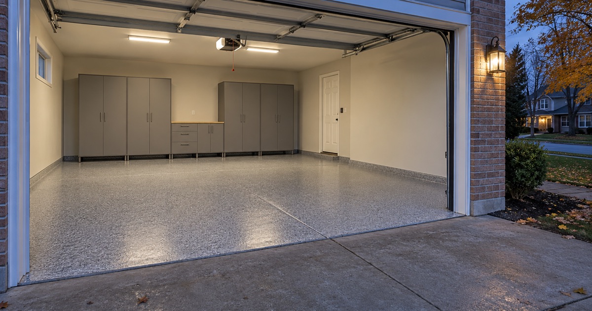 A finished gray flake garage floor in a Crystal Lake home at dusk, the overhead door open to the driveway.
