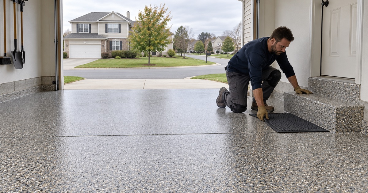 A rubber entry mat laid at the house step on a new gray and tan flake floor in an attached Crystal Lake garage.