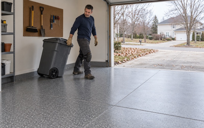 A wheeled trash bin walked back into a Crystal Lake garage over a solid charcoal epoxy floor with light flake.