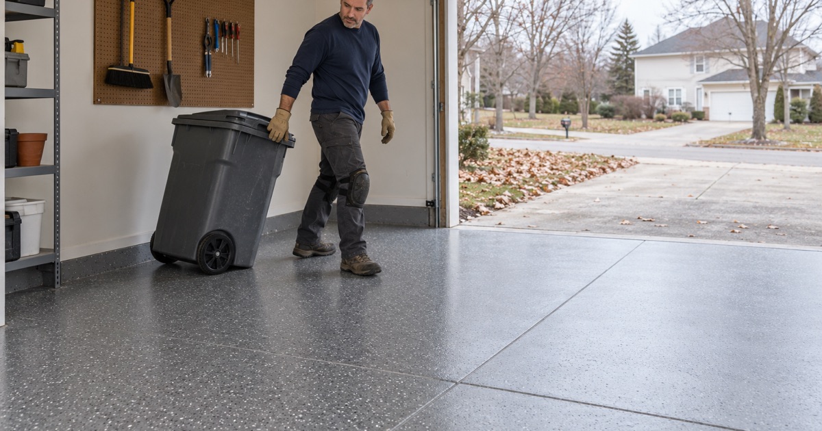 A wheeled trash bin walked back into a Crystal Lake garage over a solid charcoal epoxy floor with light flake.