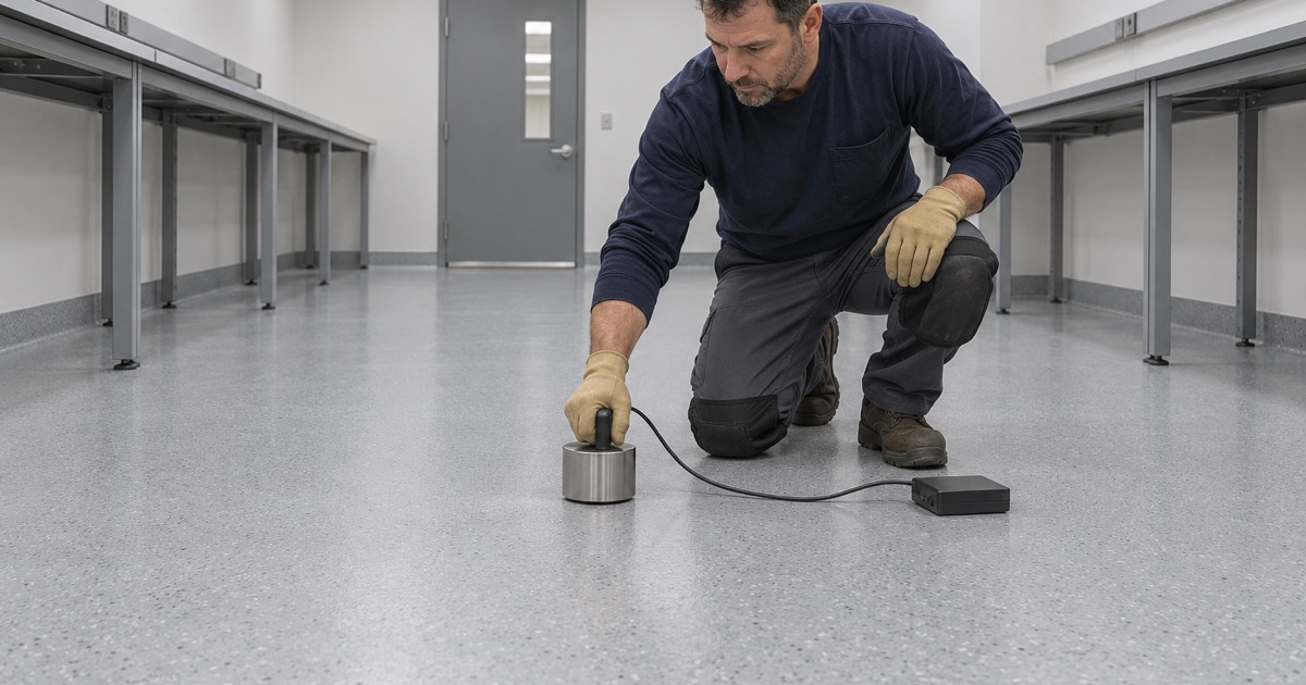 A resistance test electrode set on a gray static-control floor in a Crystal Lake electronics assembly room.