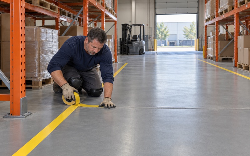 Aisle striping laid out on a new gray epoxy warehouse floor in a Crystal Lake industrial park.