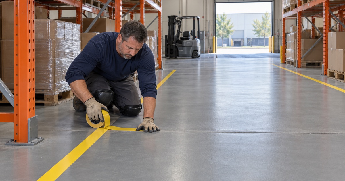 Aisle striping laid out on a new gray epoxy warehouse floor in a Crystal Lake industrial park.