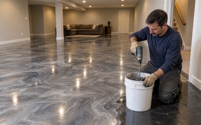 Metallic epoxy mixed in a bucket beside a fresh silver and charcoal pour on a Crystal Lake basement floor.