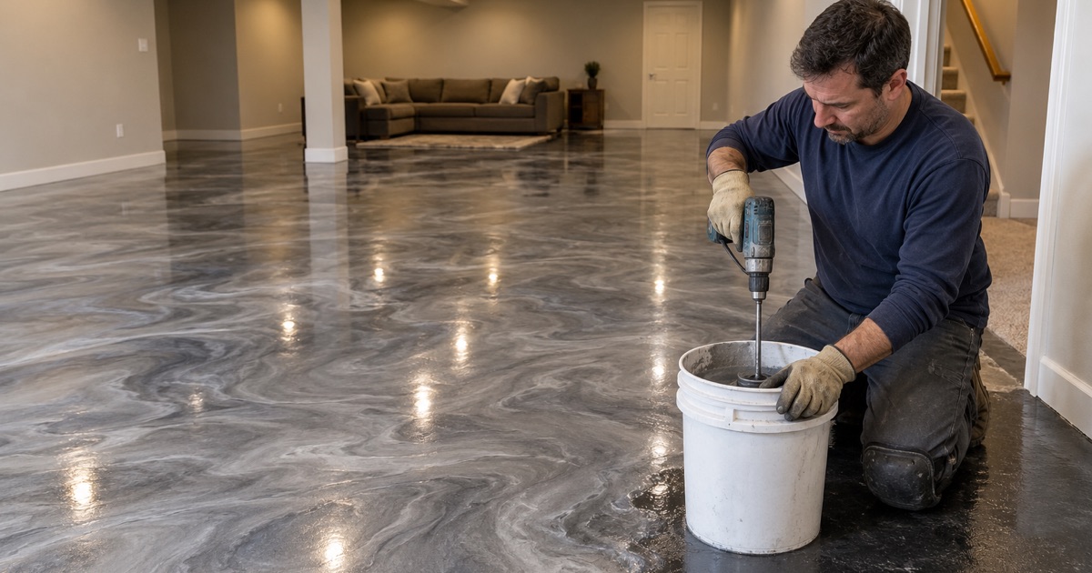 Metallic epoxy mixed in a bucket beside a fresh silver and charcoal pour on a Crystal Lake basement floor.