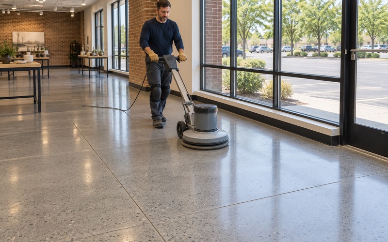 A burnisher run across a polished gray concrete floor in a Crystal Lake showroom with a soft reflected sheen.