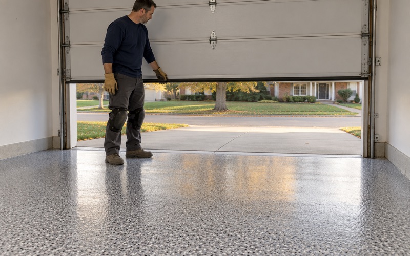 An overhead door lowered onto a same-day polyaspartic flake floor in a Crystal Lake garage at the end of the install.
