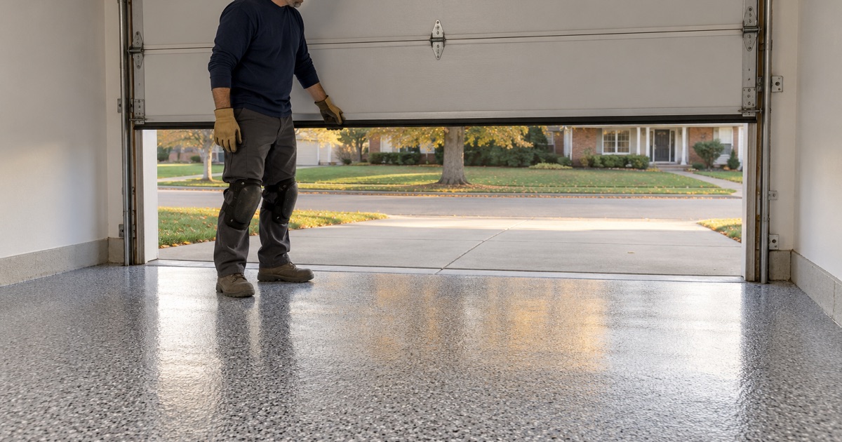 An overhead door lowered onto a same-day polyaspartic flake floor in a Crystal Lake garage at the end of the install.