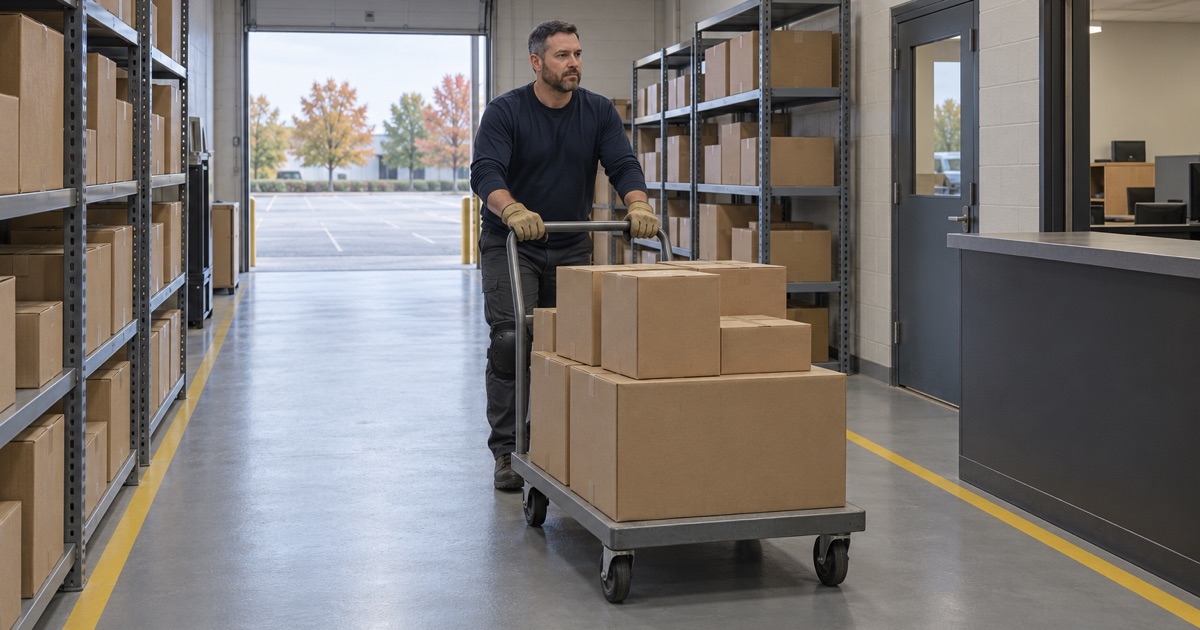 A loaded flatbed cart rolled across the coated stockroom floor of a Crystal Lake industrial park building.