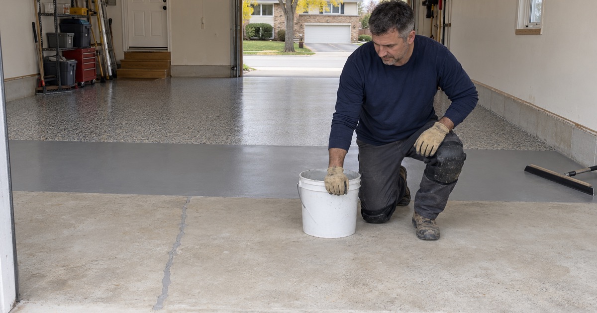 A Crystal Lake garage floor in three stages at once: ground bare, gray base coat, and finished flake.